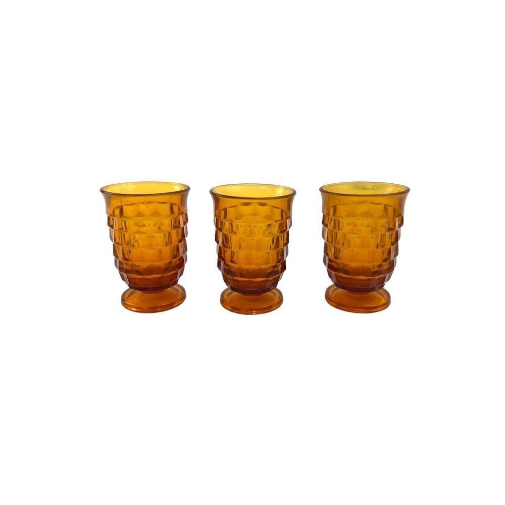 Vintage Amber Cut Footed Glasses Short Indiana Whitehall MCM 3QTY